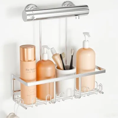Produktbild von PromoHome® Duschregal Hängend ohne Bohren – Edelstahl Duschkorb mit Haken, Silber, 27x12x8,5 cm