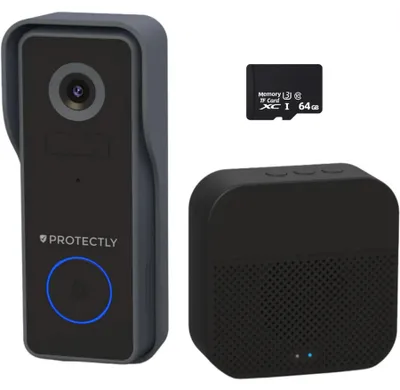 Produktbild von Protectly® 2K Video Türklingel kabellos – Türklingel mit Kamera, WLAN, Gong, Zwei-Wege-Audio, 64GB SD & ohne Abo