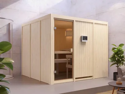 Produktbild von KARIBU Elementsauna Celine 8 Fichte natur 68 mm, Innensauna für 2 3 Personen, Systembauweise mit bronzierter Ganzglastür, 3 Liegen, Ofenschutzgitter, energiesparende Sandwich Dämmung