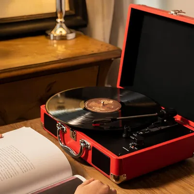 Obrázek produktu pro Retro gramofon – přenosný gramofon – Bluetooth – USB – SD – funkce nahrávání – červený