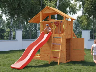 Produktbild von Fungoo Teakfarben Smart 7 Spielturm, Spielhaus mit Doppelschaukel, Sandkasten, Leiter, Fernrohr, Lenkrad, Kiefer Holz, Bodenanker, Haltegriffe, Überdachtes Podest