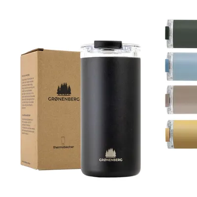A black thermobecher is shown next to its packaging, with other colored thermobechers displayed on the right side.