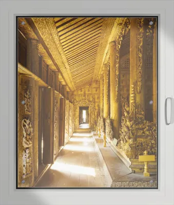 Produktbild von Wallario Lichtschutzbild, Dekorativer Sichtschutz Sonnenschutz 76 x 93 cm mit Motiv: Buddhistischer Tempel aus Holz - Mandaley - Verdunklung ohne Bohren