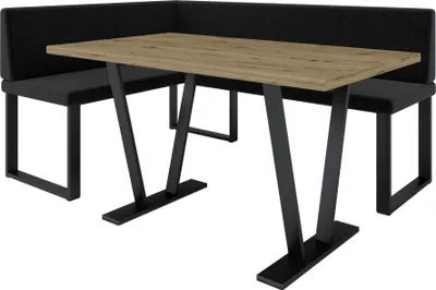 A corner bench dining set with a table and black upholstered seating.