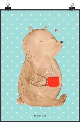 Produktbild von Mr. & Mrs. Panda Bild Bär Kaffee DIN A2 - Türkis Pastell - Geschenk, Motivation, Bären, Guten Morgen, Wanddekoration, wanddeko, kunstdruck poster, Teddy, drucke, Coffee