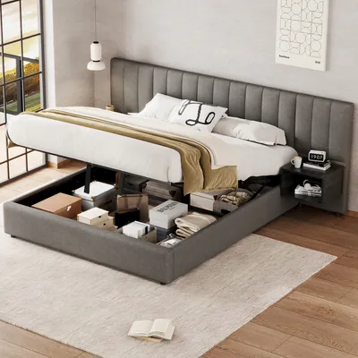 Produktbild von MODFU Boxspringbett Hydraulisches 160 x 200 cm mit zwei Nachttischen, Polsterbett Breitohrbett Stauraumbett mit Bettkasten Stauraum, Grau(Ohne Matratze)