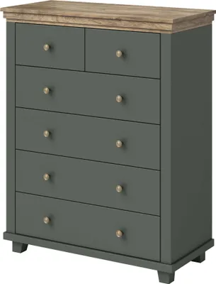 A chest of drawers with a wooden top and gray drawers, shown from the front.