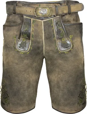 Produktbild von MADDOX Kurze Trachten Lederhose "Plattspitz" mit Gürtel | Antik Zirbe mit Grünem Stick Größe: 56