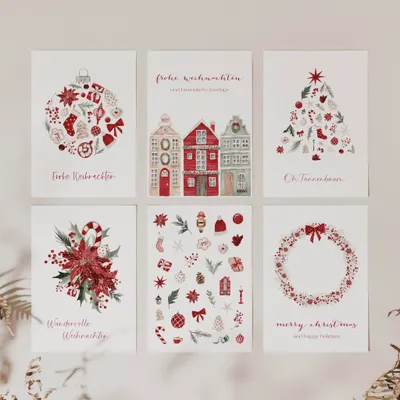 Produktbild von 6er Set Klappkarten Weihnachten A6 auf Strukturpapier - rot