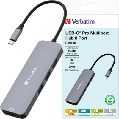 Zdjęcie produktu dla Verbatim CMH-08, USB Type-C, HDMI, USB 3.2 Gen 1 (3.1 Gen 1) Type-A, USB Type-C, MicroSD (TransFlash), SD, 5000 Mbit/s, 30 Hz, Srebrny
