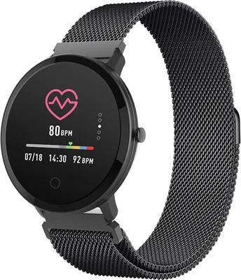 A black smartwatch with a mesh band is displayed against a white background. The watch face shows a heart rate monitor, date, time, and heart rate in BPM.