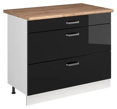 Produktbild von Küchenunterschrank Vicco R-Line Schwarz Hochglanz/Weiß 100 cm Arbeitsplatte Goldkraft Eiche, Model 71533