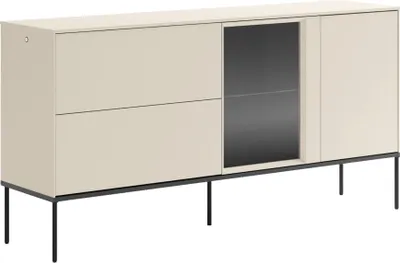Produktbild von Selsey Bellezo – Sideboard mit beleuchteter Glasvitrine und zwei Schubladen 166 cm, Creme