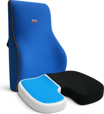 Produktbild von Set mit 2 orthopädischen Kissen von Linomag®, orthopädisches Sitzkissen mit Memory-Schaum und kühlendem Gel + Lendenkissen, für Büro- oder Autostühle, Schwarz/Blau