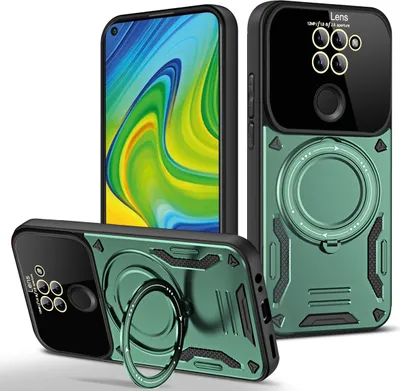 Image de Étui durable pour Xiaomi Redmi Note 9, étui à deux couches avec support d'anneau et support vert