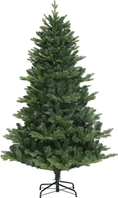 A full shot of an artificial Christmas tree on a white background.