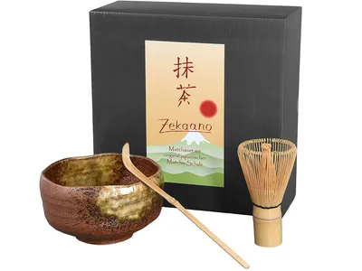 Produktbild von Matcha Set / Matchaset mit original japanischer Matcha Schale 500ml braun/schwarz, Besen, Löffel in Geschenkbox