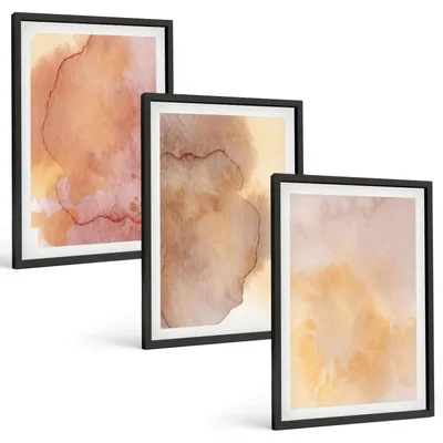 Produktbild von Bilder Set 3-teilig im schwarzen Rahmen – Wandbilder 3 Stück – gerahmte Poster für Wohnzimmer, Schlafzimmer und Flur – 40x60 cm – Warme, farbenfrohe Aquarelltexturen