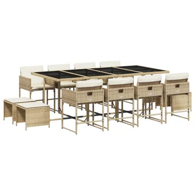 Produktbild von 13-tlg. Garten-Essgruppe mit Kissen Beige Poly Rattan