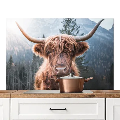 Produktbild von KitchenYeah®  Spritzschutz Küche - Küchenrückwand - Wandschutz für Herd und Spüle - Schottisches Hochlandrind - Kuh - Tiere - Berg - Natur 120x80 - Alu-Dibond (Alternative zum Spritzschutz aus Glas) -
