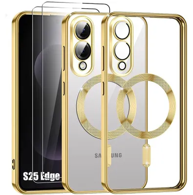Image de Coque + 2 Verres Trempés pour Samsung Galaxy S25 Edge, Protection avec Cercle Magnétique et Film Caméra - Doré