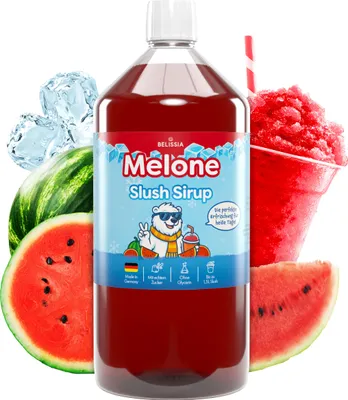 Produktbild von Belissia Slush Eis Sirup 1000ml Konzentrat | Wassermelone Geschmack | sehr ergiebig in knalligen Farben (1:5) für bis zu 6 Liter | Glycerin frei
