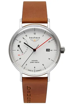 A close-up studio shot of a Bauhaus watch with a brown leather strap.