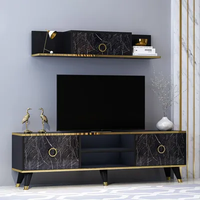 Produktbild von HOMIDEA Sophia TV-Lowboard TV-Schrank Wohnwand mit 2 Türen und Wandregalen Hochglanz Design (Schwarz)