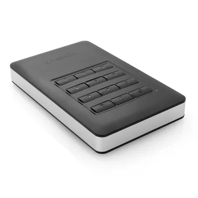 A product shot of an external hard drive with a keypad on a white background.