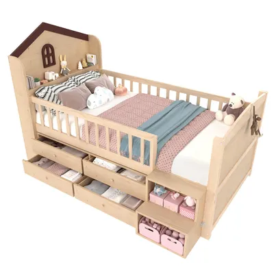 Produktbild von Kinderbett mit Schubladen, LED-Beleuchtung, Lattenrost, Stauraumtreppe, Regal, 90x200cm, Massivholzbett mit Rausfallschutz, Kiefer