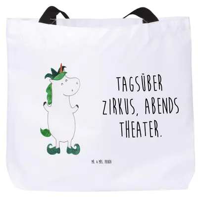 Produktbild von Mr. & Mrs. Panda Tote Bag Einhorn Joker - Weiß - Geschenk, Hofnarr, Schultasche, Einkaufstasche, Strandtasche, Unicorn, Laptoptasche, Gaukler, Tragetasche, Einhörner
