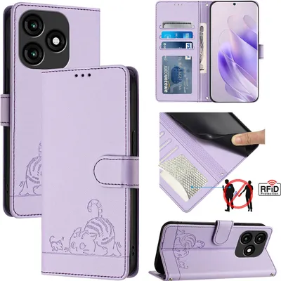 Produktbild von Leder Hülle für itel A70 Süße Katze Flip Case Brieftasche Schutzhülle mit Standfunktion Lila