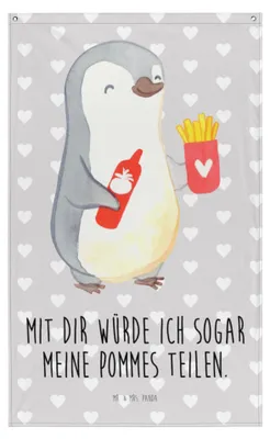Produktbild von Mr. & Mrs. Panda Wandbild Pinguin Pommes - Grau Pastell - Geschenk, Freund, für Freundin, Gobelin, Hängedeko, Frauen, Hochzeitstag, Partner, Tapisserie, Wandtuch