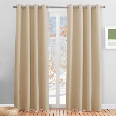 Image de Rideau thermique, rideau occultant, œillets, dimensions 200 cm de hauteur x 140 cm de largeur, couleur beige, lot de 2