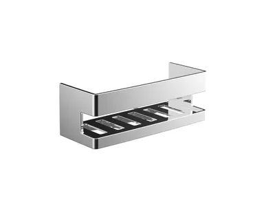A chrome-finished bathroom shelf with a slatted bottom.