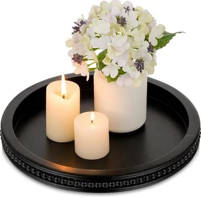 Productafbeelding van Famanu houten dienblad rond - zwart decoratief dienblad met parelrand
