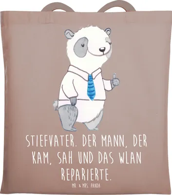 Produktbild von Mr. & Mrs. Panda totebag Stiefvater Held - Braun Pastell - Geschenk, Liebvoll, Dankeschön, Technik, Verwandte, Mann, Shopping Tasche, Stiefkinder, Jutebeutel, Familie