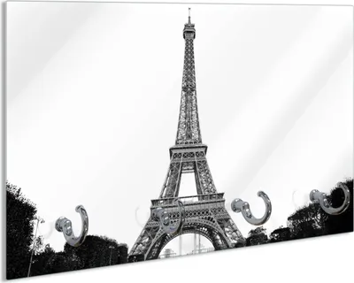Produktbild von Wallario Schlüsselbrett aus Glas, Motiv: Eiffelturm in Paris - schwarz weiß, 30 x 20 cm mit 4 Haken