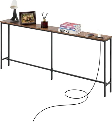 Obrázok produktu pre Konzolový stolík – stolík do predsiene a vstupnej haly, 178 cm – so zásuvkami a USB nabíjačkou – pevný kovový rám – úzky a priestorovo úsporný – jedna odkladacia plocha – do predsiene a za pohovku