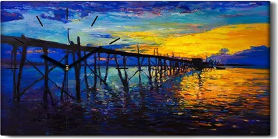 Produktbild von Wandbild Leinwand Bilder mit Uhr 60x30 Gemälde Abstrakte Pier Meer Boot Himmel - schwarze Hände