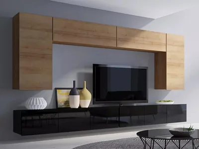 Produktbild von Wohnwand CALABRINI-13 Hängewohnwand Set, 6-teilig, Weiß Hochglanz Modern, PVC-Furnier Spanplatte, grifflos, TV-Schränke (Eiche Gold + Schwarz)