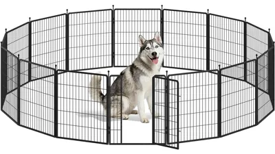 Image de Enclos pour chiens - Parc pliable pour chiots avec porte - 16 panneaux grillagés - 2 verrous de porte - Pour l'intérieur et l'extérieur - Noir