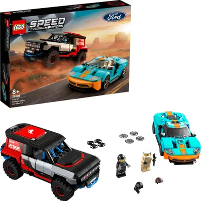 Produktbild von LEGO Speed Champions Ford GT Heritage Edition und Bronco R Rennwagen Modellbausatz 76905, 660 Teile, 2 Minifiguren, Maße: Ford GT 4x16x7cm, Bronco R 7x19x8cm, ab 8 Jahre