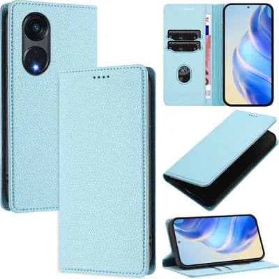 Produktbild von Litchi Leder Handyhülle für Oppo Reno8 T 5G Wallet Kartenfächer Standfunktion Hülle Hellblau