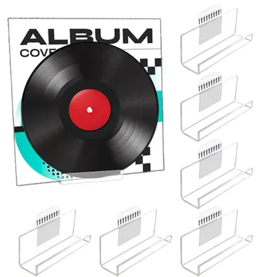 Image de Lot de 6 supports muraux pour disques vinyles avec dos autocollant, 10 x 3 x 4 cm, supports muraux en acrylique transparent pour exposer des CD dans un bureau à domicile