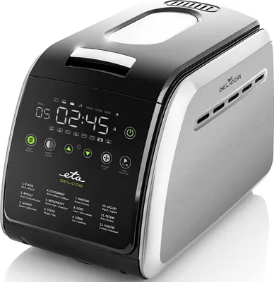 A close-up product shot of a modern bread maker on a white background.