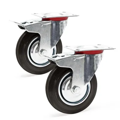Produktbild von Wiltec Doppelstopp-Lenkrollen Set 2x Vollgummirad Transportrolle 200mm bis 150kg pro Rad mit Feststellbremse und Anbauplatte, leiser Lauf, Transportrollen Möbelrollen
