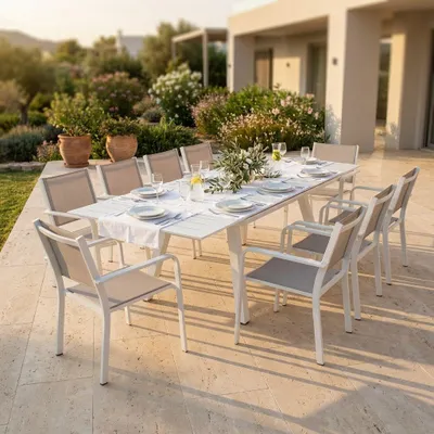 Immagine prodotto di Milani Home - Set Tavolo Giardino Allungabile Rettangolare 200/300x110 Con 10 Poltrone In Alluminio Tortora Per Esterno - Tortora