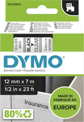 Produktbild von Dymo® S0720500 Schriftband D1 Kunststoff - laminiert, 7 m x 12 mm, Schwarz/Transparent