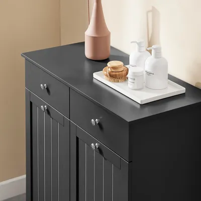 Produktbild von SoBuy Badezimmerschrank mit Wäschekorb Badschrank mit 2 Wäschesäcken 2 Schubladen Stabiler Wäscheschrank für Waschküche Wohnung BZR33-II-SCH
